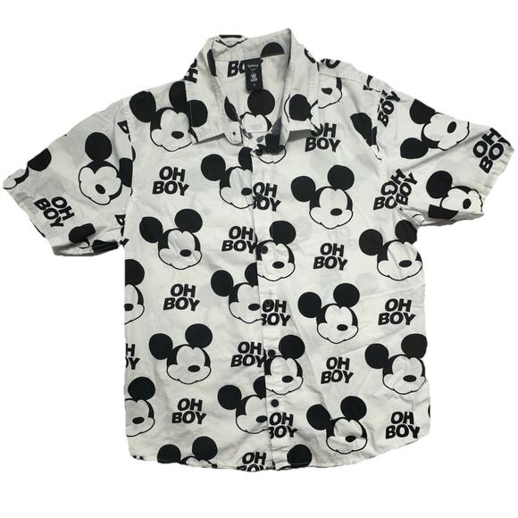 Disney Neff Shirt Mens Small Mickey Mouse Oh Boy White Black Button 100% Cotton - Picture 1 of 8